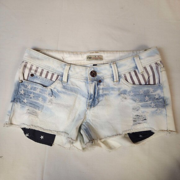 YMI Blue and White Distressed Jean Shorts with Raw Hem - Picture 1 of 9